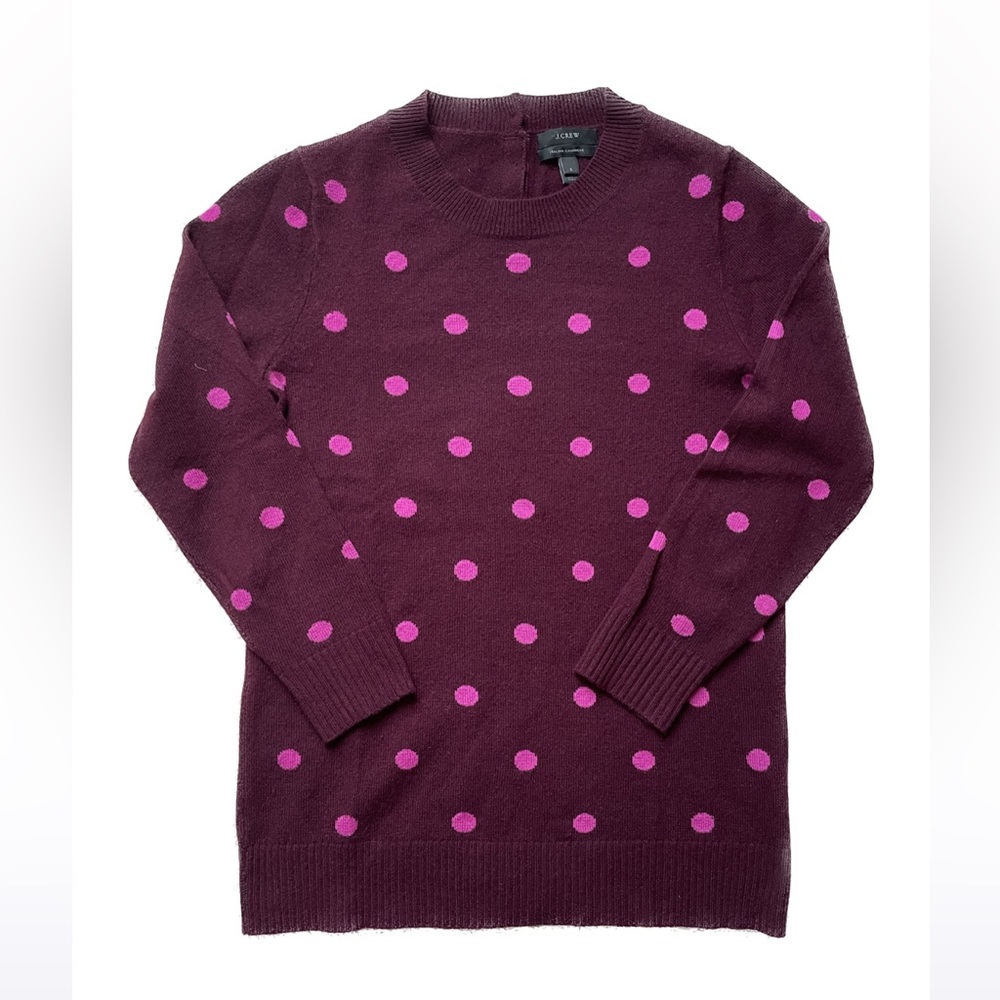 J. Crew Italian 100% Cashmere Polka Dot Sweater, 3/4 sleeve Burgundy and pink S